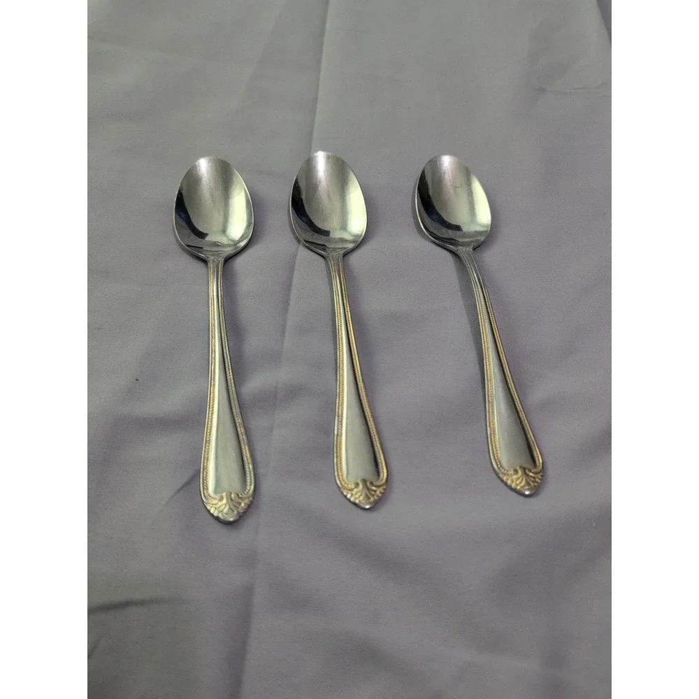 Hampton Silversmiths RENEE 3‎ Dinner Soup Spoons Stainless Flatware Gold Accent